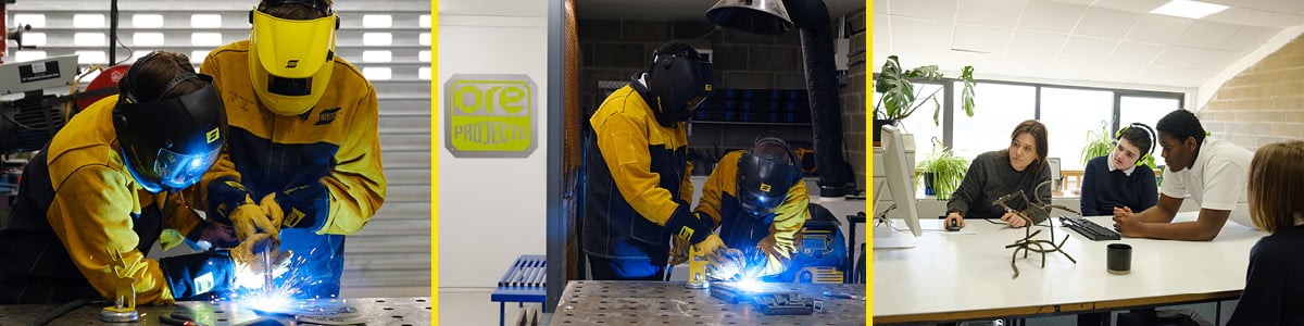 Welders using ESAB equipment and students in a classroom
