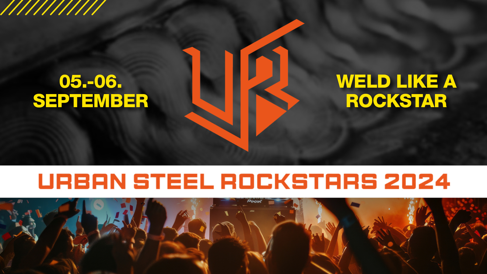 Urban Steel Rockstars logo with people at music festival in background