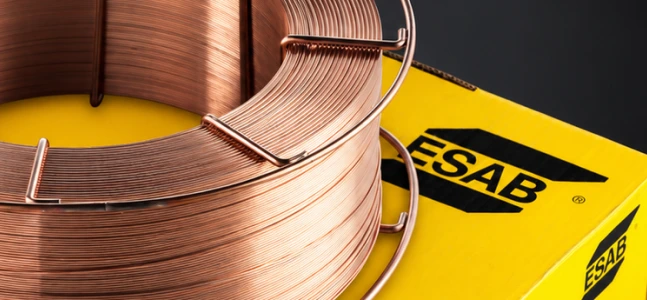 ESAB copper-coated mild steel solid wire in wire basket packaging