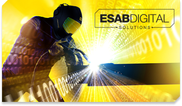 Futuristic welder creating glowing binary code and light beams