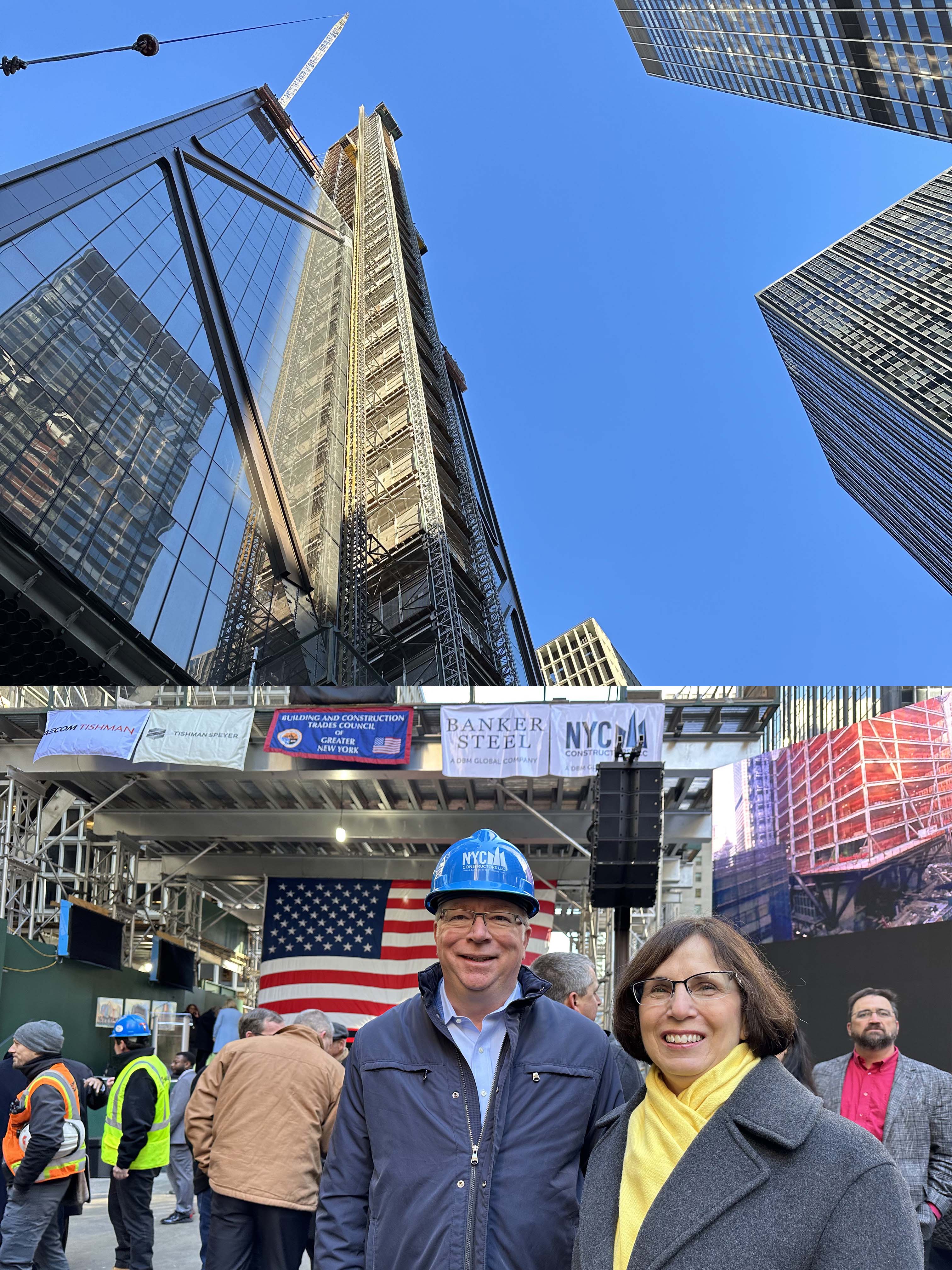 Topping off a great collaboration, Barry King, President of NYC Constructors, and Eleanor Lukens, ESAB President of the Americas, celebrate during the topping off ceremony for 270 Park Avenue, a 1,388-ft.-tall building that is the new headquarters for JPMorgan Chase.