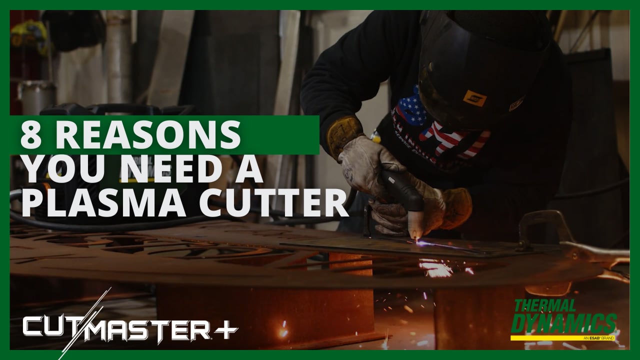 Welder using ESAB gear with “8 Reasons to Choose ESAB” text overlay.