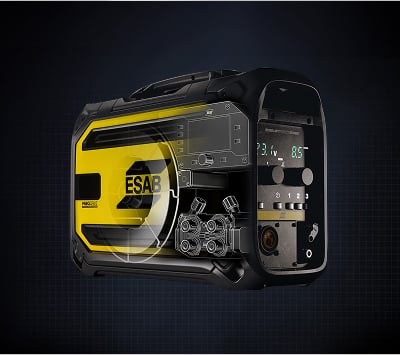 Warrior Edge MIG welding machine angled view, controls and LCD screen visible