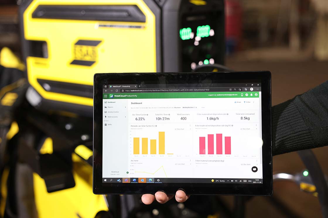ESAB&rsquo;s first digital application, WeldCloud, displaying welding data.