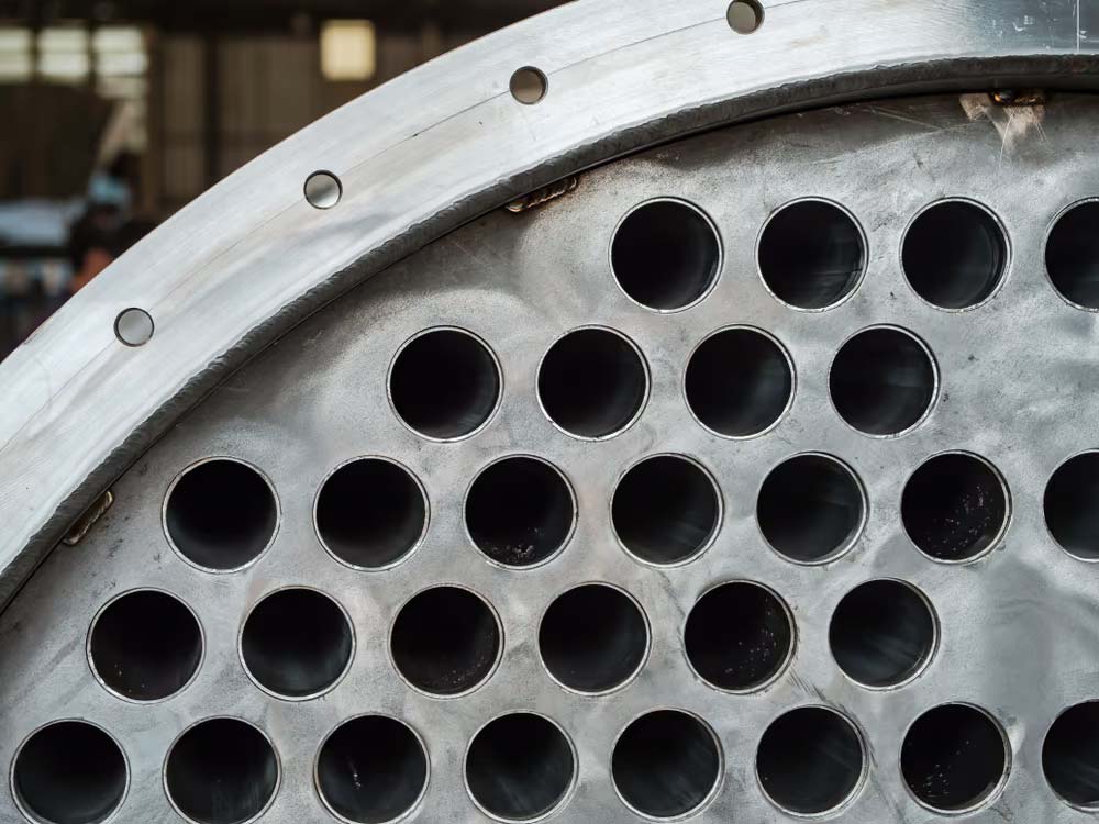 Detailed view of a large metal pipe with holes.