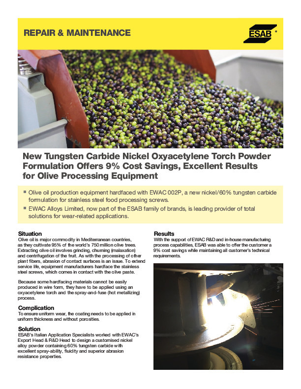 New Tungsten Carbide Nickel Oxyacetylene Torch Powder Formulation Offers 9% Cost Savings, Excellent Results for Olive Processing Equipment