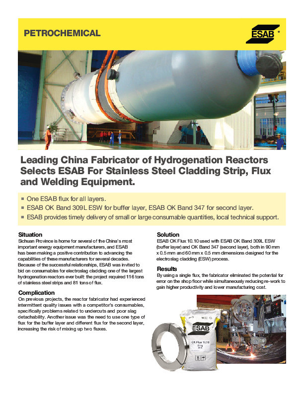 Leading China Fabricator of Hydrogenation Reactors Selects ESAB For Stainless Steel Cladding Strip, Flux and Welding Equipment