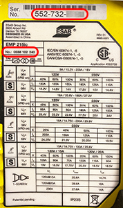 Model/part and serial numbers can be found on the rating plate of your equipment. Examples shown in image. If you need assistance locating this information, please contact your local ESAB sales representative.